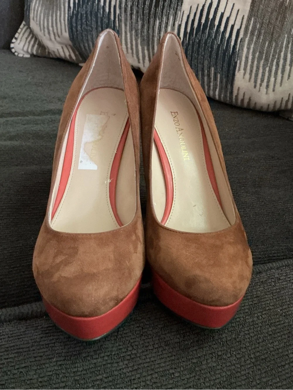 Enzo Angiolini Brown Suede Platform Pumps with Red Platform